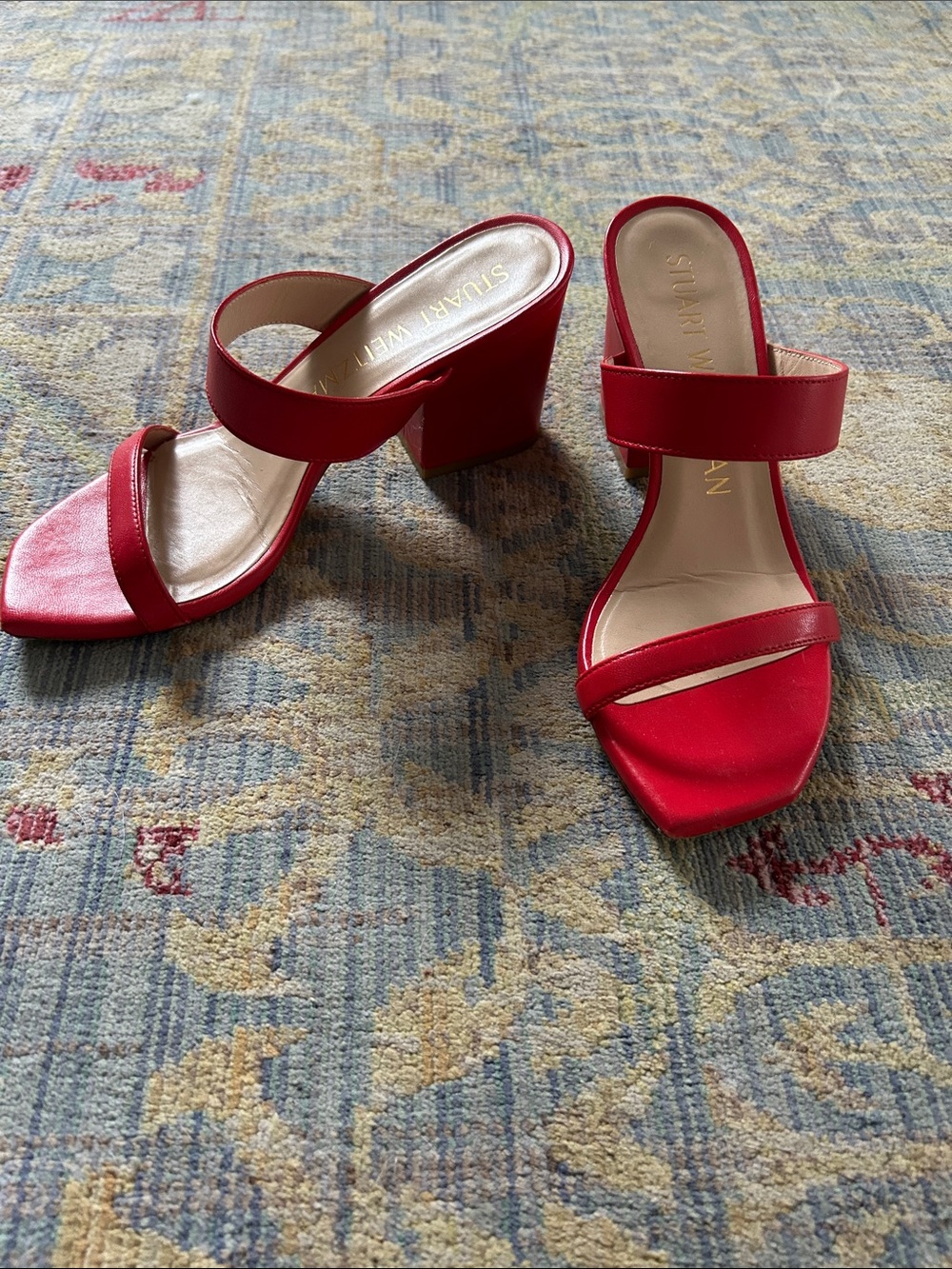 Stuart Weitzman Red Asymmetrical Square Toe Block Heel Slide Sandal
